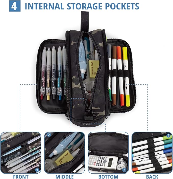 ATRIPACK Tactical 4 Compartments Pencil Case for Boys,Big Canvas Pen Pouch Bag, Large Capacity Pen Box, Tool Bag for Middle School College Office Organizer for Kids Men Women Adult Teens