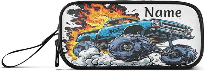 Custom Monster Truck Flame Pencil Case Box Boys Girls Personalized Name Large Pencil Pouch Stationery Pen Bag Organizer for Kids Adults School Office