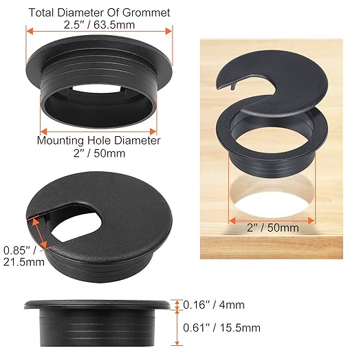 HNBun 20 Pack 2" Black Plastic Desk Grommet, 2" Hole Cover, Organizers, Cord & Cable Management