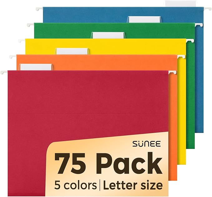 SUNEE Hanging File Folders, Assorted Colors - 75 Pack, Colored File Folders Letter Size with 1/5-Cut Tabs, Ideal for Organizing Home and Office Documents