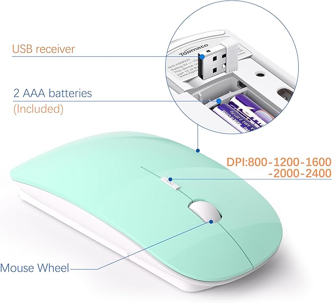 Wireless Keyboard and Mouse Ultra Slim Combo, TopMate 2.4G Silent Compact USB 2400DPI Mouse and Scissor Switch Keyboard Set with Cover, Batteries Included, for PC/Laptop/Windows/Mac - Mint Green