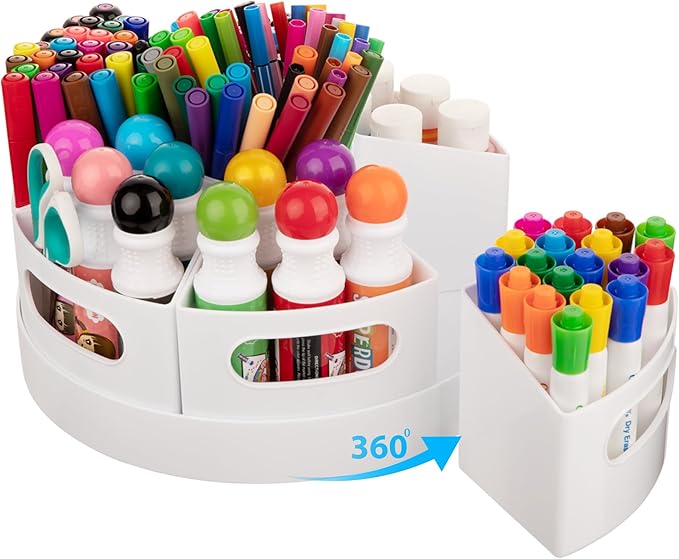 Art Supplies Organizer, Extra Large 360° Rotating Desk Organizer with 7 Removable Compartments, Marker Organizer for Home, Office, and Classroom, Crayon Holder