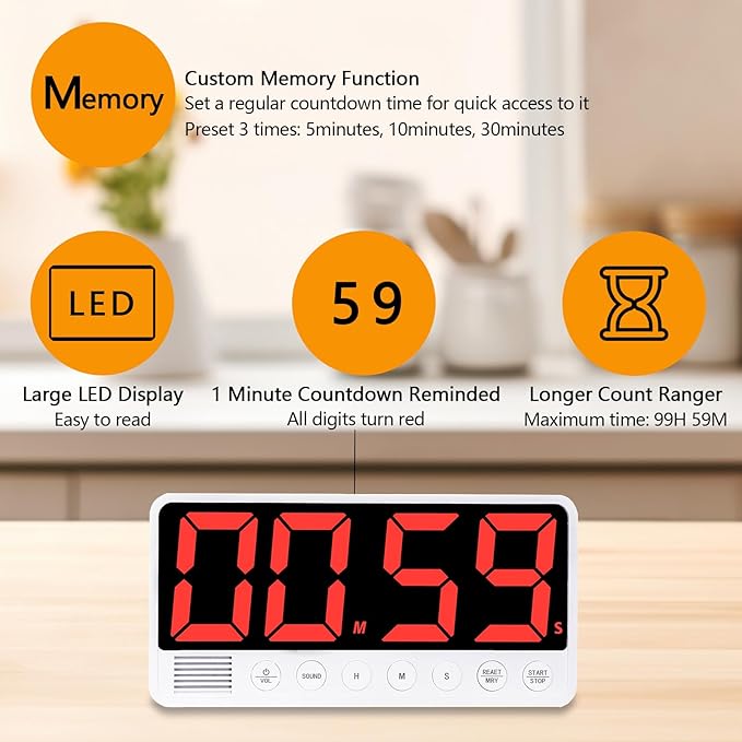 FCXJTU Digital Kitchen Timer - 7.1” Extra Large Display LED Magnetic Rechargeable Countdown/Up Timer, w/6 Alarms 4 Levels Volume Memory Function for Cooking, Classroom, Office, Home Gym(Black)