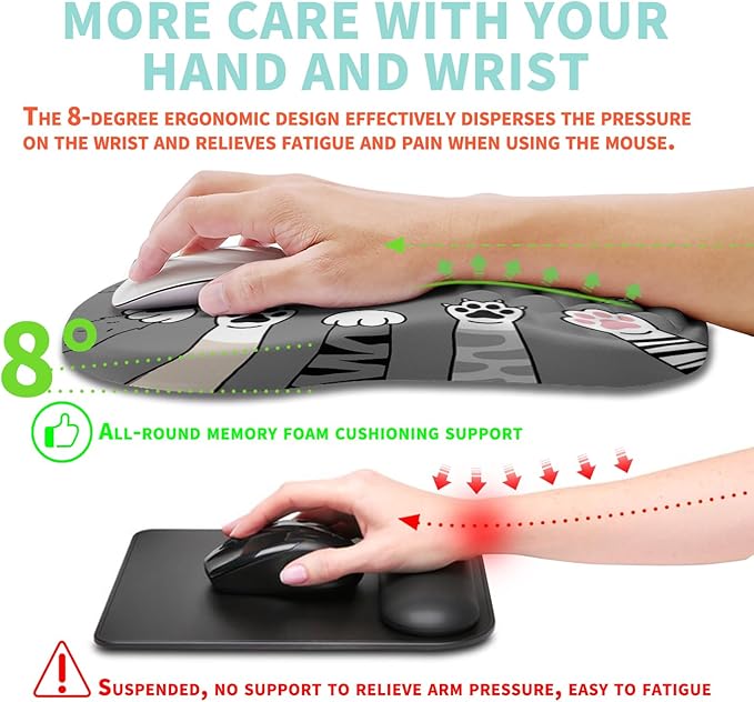 Ergonomic Mouse Pad Wrist Support with Memory Foam Massage Bulge, Carpal Tunnel Pain Relief Mousepad Wrist Rest for Mouse(12x8 inch, Paw)