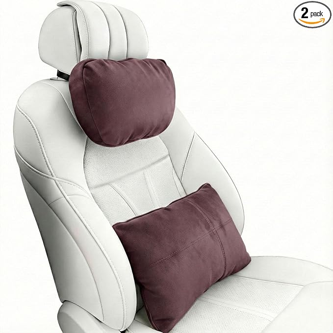 2PCS Car Pillow for Car Neck Pillow for Driving Seat Lumbar Support Soft Cushion with Extra Filling Accessories Back Support for Travel Nap and Trips Sleeping (Coffee, Head and Lumbar)
