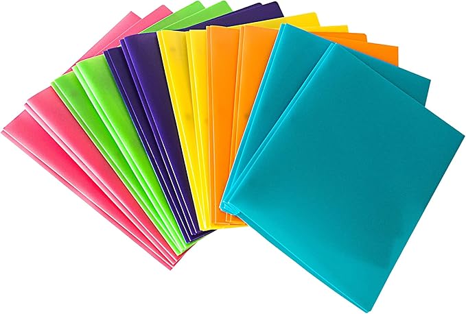 Seashell 12 Pack 2 Pocket Folders with Prongs, Plastic 3 Hole Punched Folder with Two Pockets, Letter Size, Heavy Duty, Assorted Colors, for Office and Classroom Use