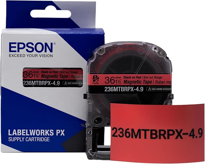 Epson LABELWORKS 236MTBRPX-4.9 Genuine Magnetic Tape Cartridge - Black on Red Magnet Label Maker Tape - 1.5" (36MM) Wide, 4.9 ft, Red