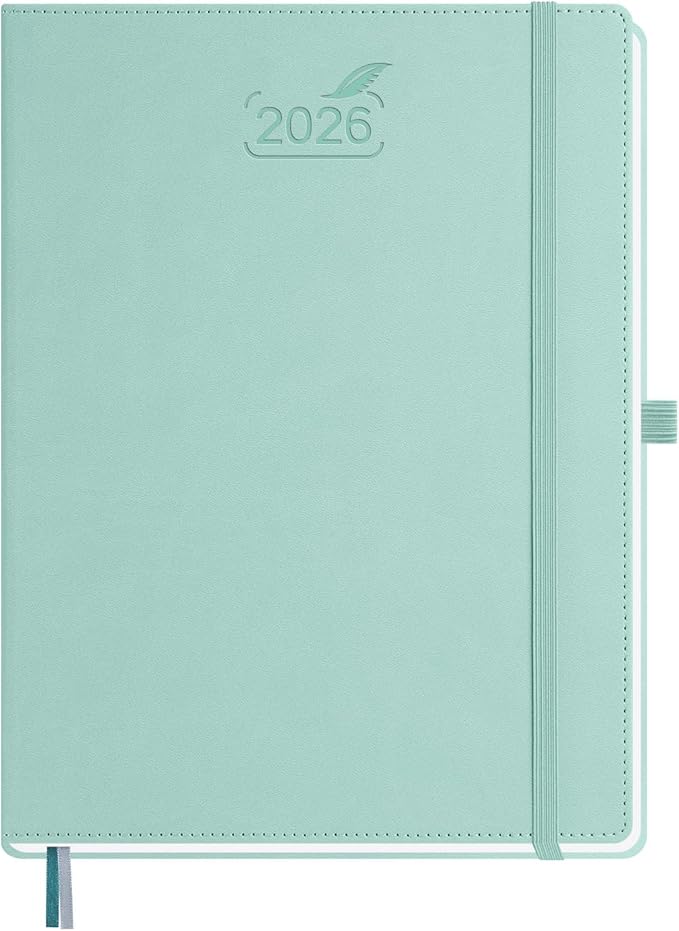 BEZEND 2026 Planner Weekly and Monthly (8.5" x 11") Daily Calendar with Hourly Timeslots & Tab (Jan-Dec) Note & Expenses, Pen Holder, Inner Pocket, Vegan Leather Hardcover - Mint Green