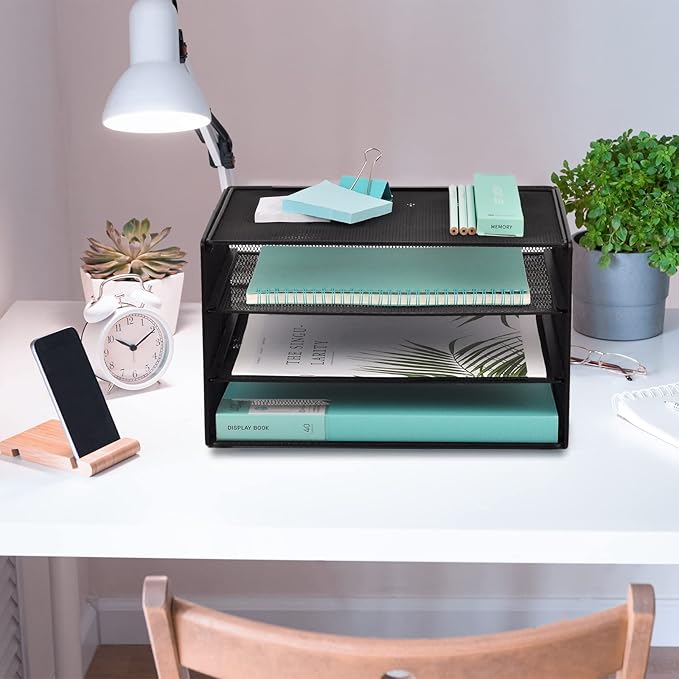 EASEPRES 3 Tier Mesh Desk Organizer Tray, File Paper Letter Folder Holder Desktop Paper Sorter Mail Organization Rack Storage Accessories, for Office Home School Classroom, Black
