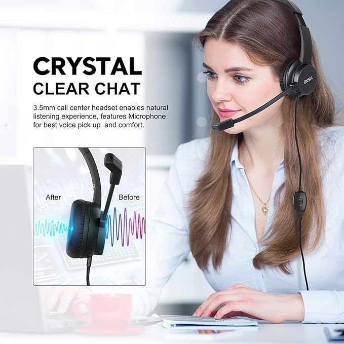 EKSA Headset with Microphone for PC, 3.5mm Wired Computer Headsets with Volume & Mic Mute Controls, Lightweight All-Day Comfort Noise Cancelling Headphones for Laptop Work Office Call Center Skype