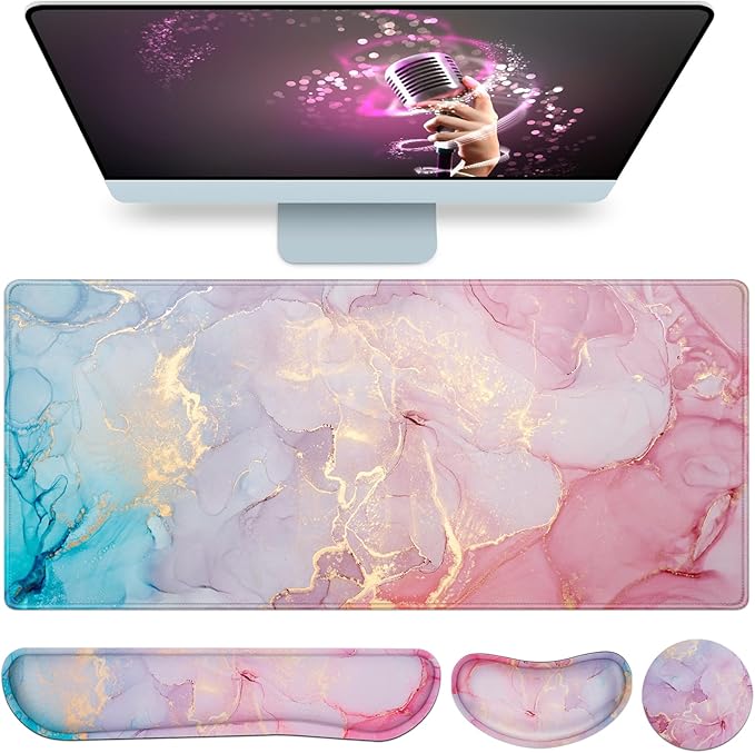 Mouse Pad Pink, Mouse Pad with Wrist Rest, 4-in-1 XXL Extended Large Desk Mat +Mousepad with Gel Wrist Support+Keyboard Wrist Rest+Coaster,Ergonomic Desk Pad for Study Gaming Home Office Computer