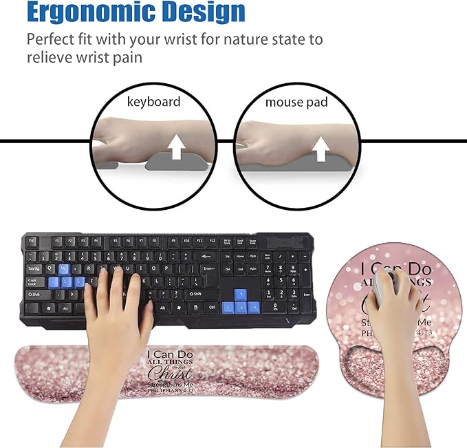 Keyboard Wrist Rest and Mouse Pad Wrist Rest Support Set, Non-Slip PU Base for Gaming and Office, Comfortable & Lightweight for Easy Typing & Pain Relief, Quote Bible Verse Philippians 4-13
