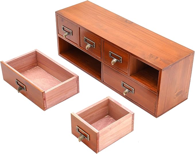 6-Drawer Wooden Desk Organizer, Vintage Desktop Organizer Cabinet Desk Drawer Organizer Storage Box for Office Home, No Assembly Required