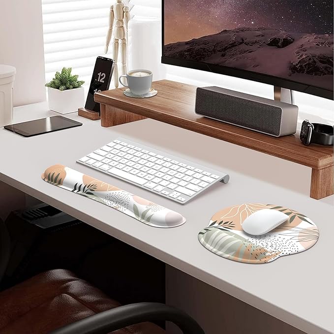 iLeadon Mouse Pad with Wrist Rest Set, Keyboard Wrist Rest + Ergonomic Mouse Pad + Coasters, Easy Typing & Pain Relief Mousepad, Mouse Pad Wrist Support for Computer Home Office, Tropical Leaves
