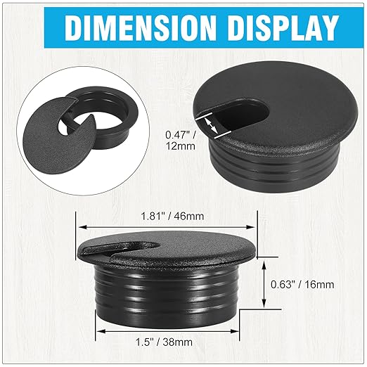 1-1/2" Black Desk Grommet, JTemgle Plastic Cable Hole Cover Computer Table Cord Wire Organizer Caps Desktop Cord Management for Home Office TV Stands Tabletops, 2 Pieces