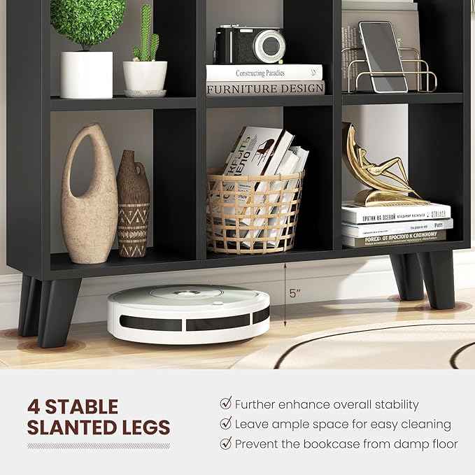 Giantex 9-Cube Open Bookcase, 3-Tier Freestanding Bookshelf with 4 Slanted Legs & 6 Removable Shelves, Modern Cubby Storage Organizer, Wood Display Book Shelf for Living Room Bedroom Study (1, Black)