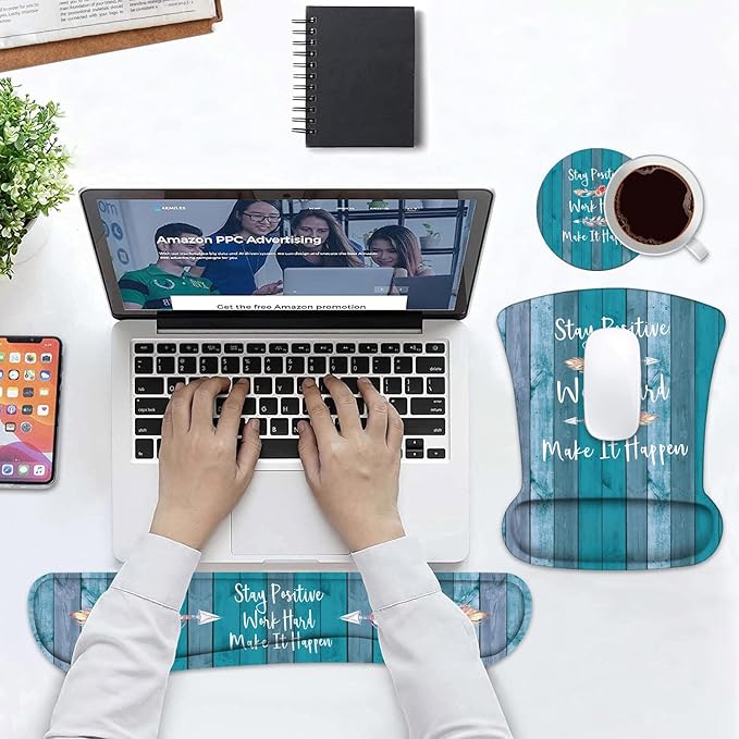 Keyboard Wrist Rest and Mouse Pad Wrist Support Set with Coasters, Stay Positive Work Hard and Make It Happen Inspirational Quote Wrist Mouse Pad with Non-Slip PU Base for Home Office Working Studying