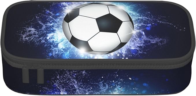 Boys Pencil Pouch with Soccer Ball, Sports Pencil Case Pencil Box for Kids, Big Capacity Black Blue Pencil Holder Pen Bag Storage Organizer Stationery Bag with Zippers