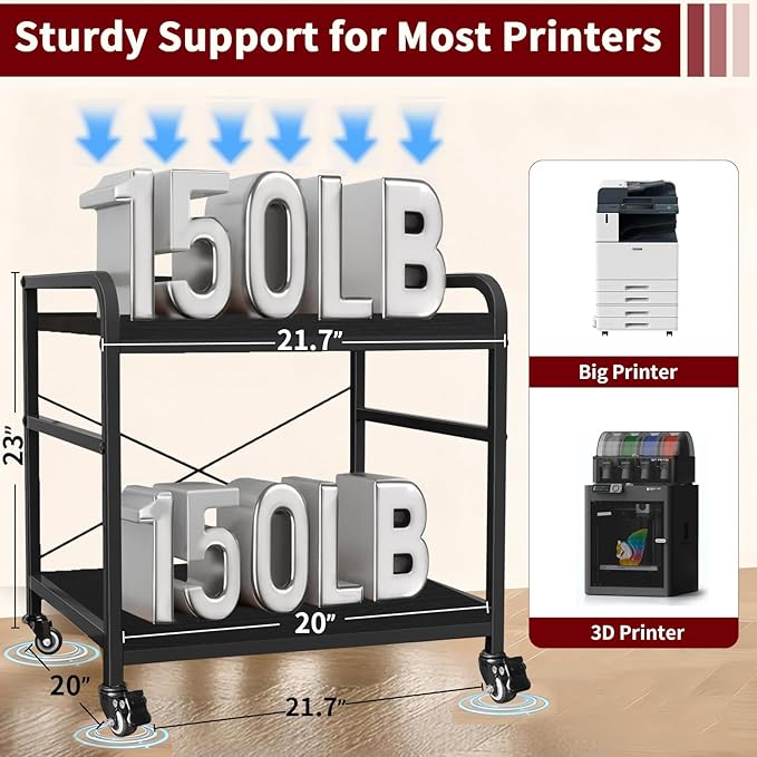 TFK 2 Tier Large Printer Stand with Storage, 20 x 20 Inches Under Desk Printer Table with Adjustable Shelf, Rolling Printers Cart with Wheels for Home Office, Fits Fax /3D Printer/Scanner, Black