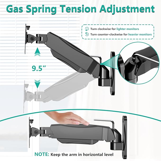 WALI Monitor Wall Mount 27+ inch, Wall Mount Monitor Arm Fits 1 Screen up to 32 inch, Single Monitors Mount Holds up to 19.8lbs, Gas Spring Monitors Arm Max Extension 13.4 inch,(GSWM001S), Black