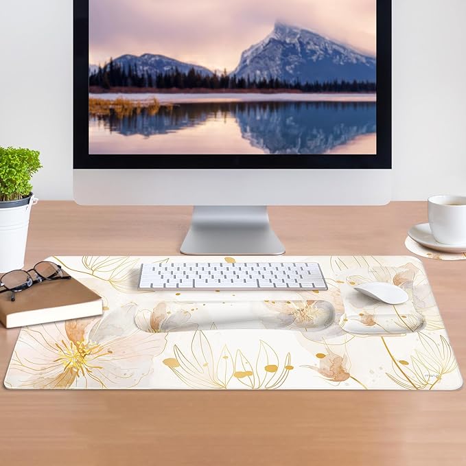 MOSISO Desk Mat Keyboard Mouse Pad Set, Large Gaming Mouse Pad&Keyboard Wrist Rest&Mousepad with Wrist Rest&Coaster, Ergonomic Non-Slip Home Office Mousepad with Memory Foam, Orange