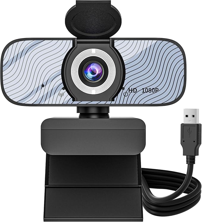 Gozvrpus USB HD Webcam with Built-in Microphone and Rotatable Tripod, 1080P Video, Wide Angle Camera, Privacy Cover, for Desktop PC or Laptop Computer（White）