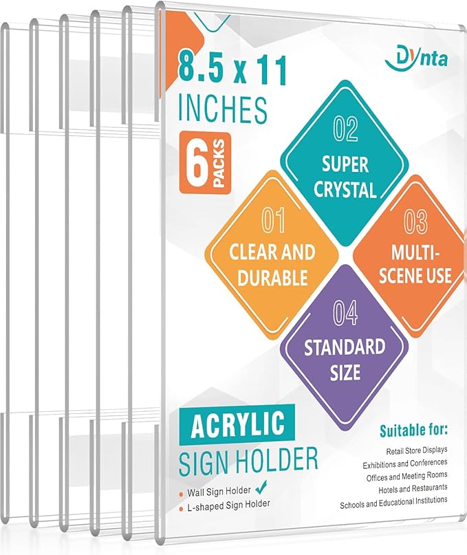 Dynta 6 Pack Acrylic Sign Holder 8.5 x 11 with Adhesive Tape, Clear Sign Holder Wall Mount, Flyer Holder Memo Document for Office Home Store Restaurant