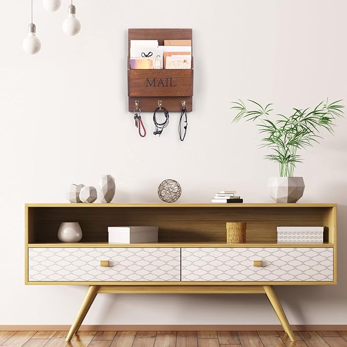 DLQuarts Mail Organizer with Key Holder for Wall Decorative Mail Sorter Wall Mounted, Wooden Mail Holder with 3 Hooks, Dark Brown