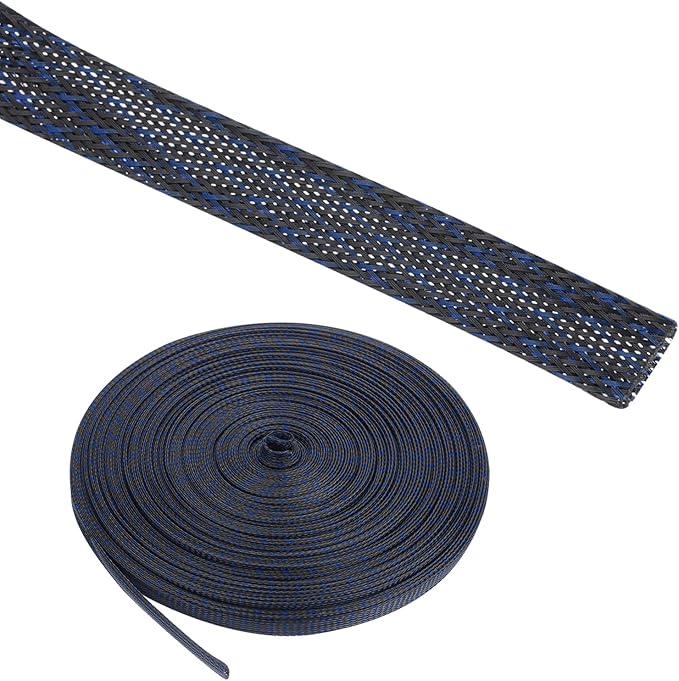 100ft PET Expandable Wire Loom 3/8 Inch, PET Braided Wire Sleeving Cable Management Sleeve Tubing [for Audio Video Home Office Cord Protector]-Black Blue