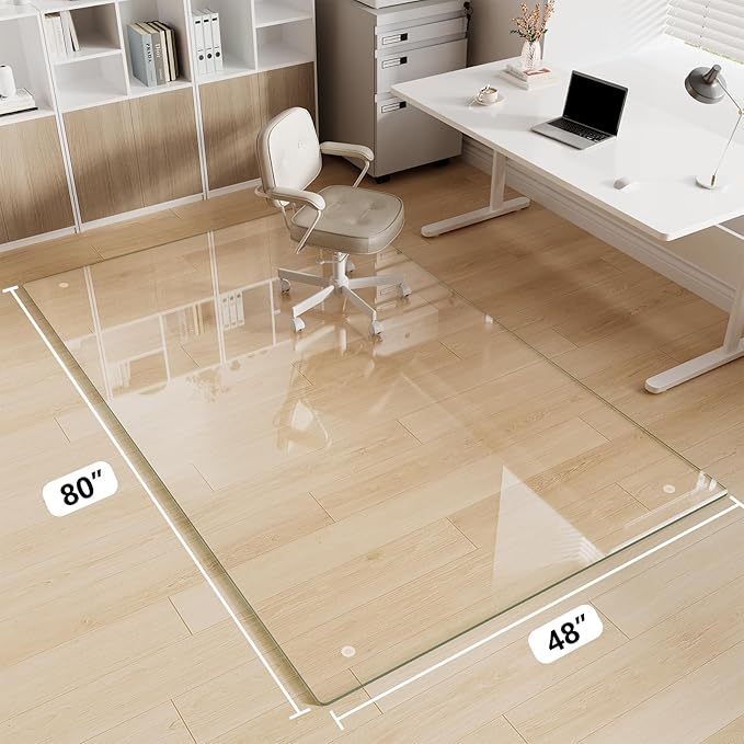 FlyEcho Glass Chair Mat 48" x 80" Heavy Duty Tempered Glass Office Chair Mat, Glass Floor Mat with Round Corner and Polished Edge for Smooth Glide, Carpet Hardwood Floor Protector