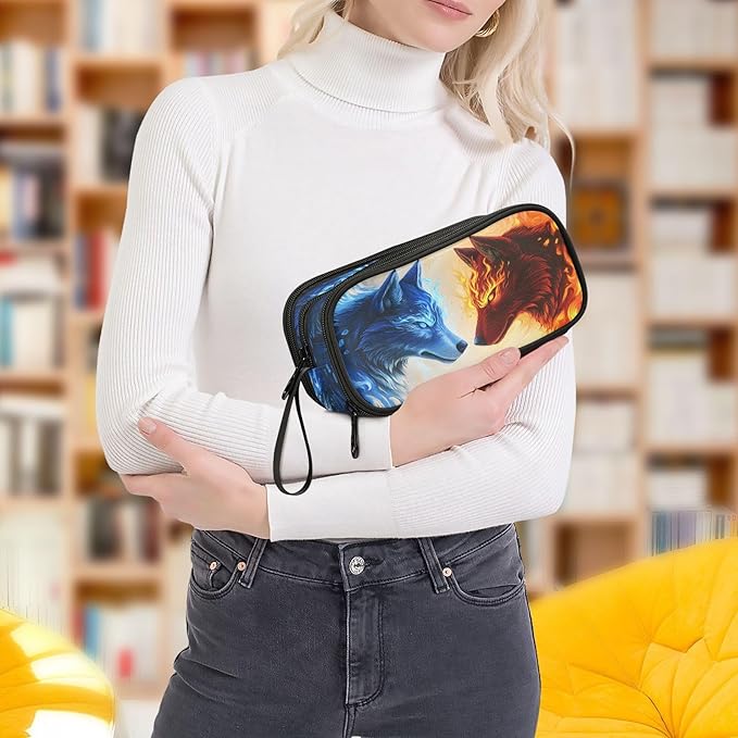 Wolf Ice Blue Fire Pencil Case Box Boys Girls Large Pencil Pouch with Zipper Compartments Big Capacity Stationery Pen Bag Organizer for Kids Teens Adults School