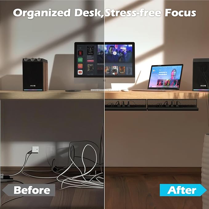 KHAMAL Cable Management Under Desk 26PCS - Cable Management Tray Kit Ventilated Hexagonal Design with Cable Clips, Wire Ties, Cord Holder & Screws for Office, Home (Black)