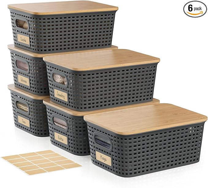 Plastic Storage Bins with Bamboo Lid - Pantry Storage Baskets with Lid - Stackable Container with Lable for Organizing: Small Storage Box for Shelves Office Cabinet Drawer Closet 9x7x4 In - Grey 6Pcs