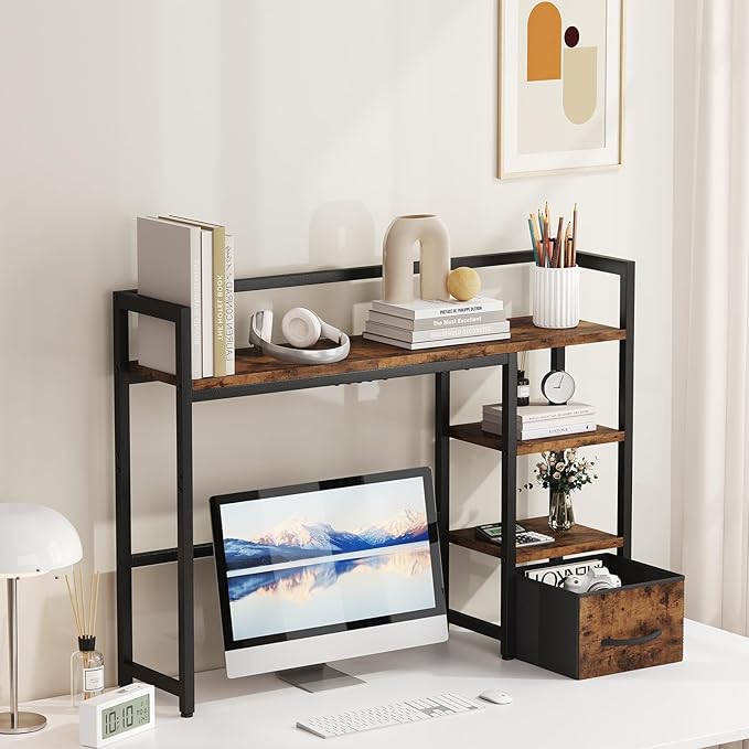 Marbrasse Desk Shelf with Drawer, 40" Desk Hutch for Computer Monitor, Wooden Desktop Bookshelf Storage Rack for Home Office Dorm - Dark Brown