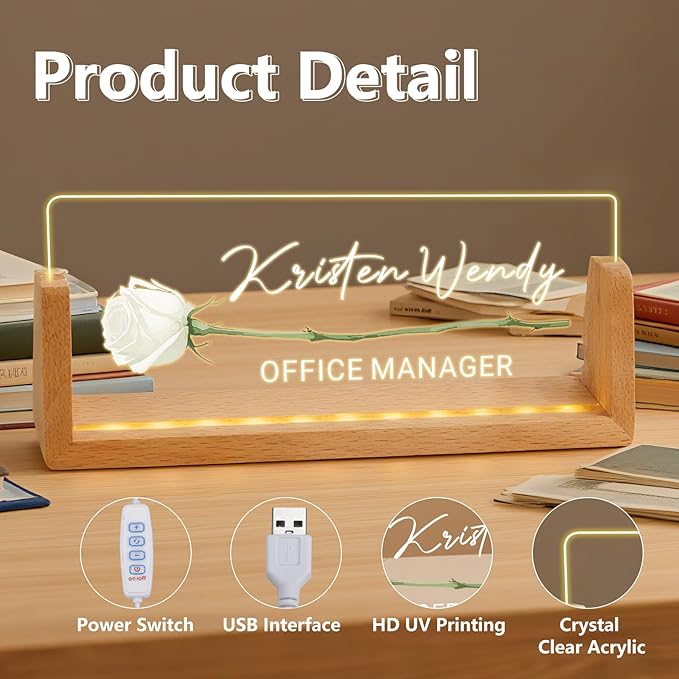 Ships Next Day, Custom Name Plate for Desk - Business Light Up Acrylic Desk Name Plate Personalized Elegant Office Gift for Boss Coworker Teacher Employee Appreciation Gift, Office Decor for Women Men