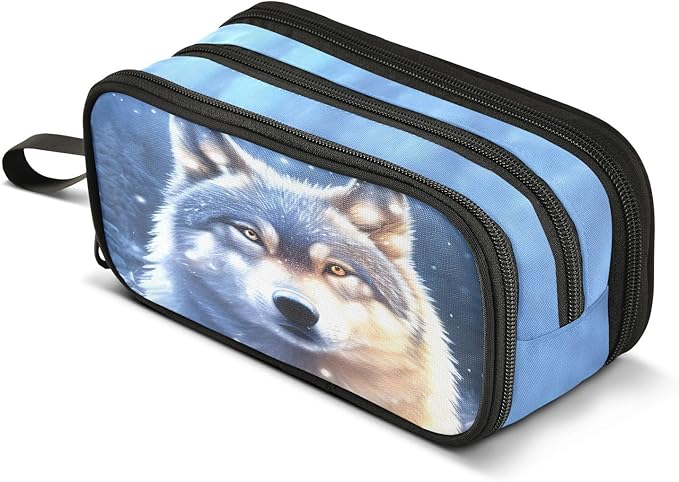 Wolf Snowy Pencil Case Box Boys Girls Large Pencil Pouch Zipper Compartments Big Capacity Stationery Pen Bag Organizer for Kids Teens Adults School