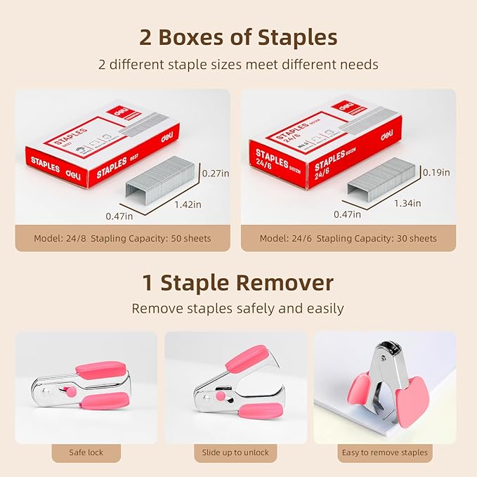 Deli Effortless Desktop Stapler, Heavy Duty Stapler, 40-50 Sheet Capacity, One Finger, No Effort, Includes 1500 Staples & Staple Remover, Rose