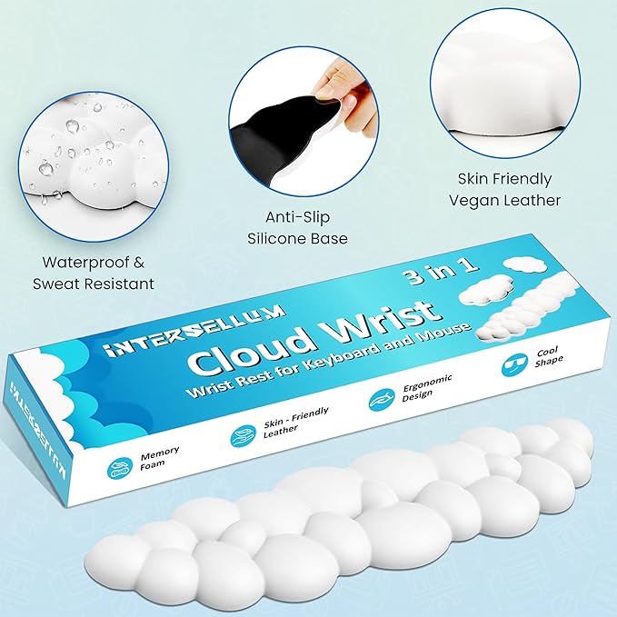 Cloud Keyboard Wrist Rest – Ergonomic Memory Foam Wrist Pad for Computer Keyboard, Comfortable Cloud Mouse Pad, Keyboard Wrist Rest and Cloud Coaster with Non-Slip Base