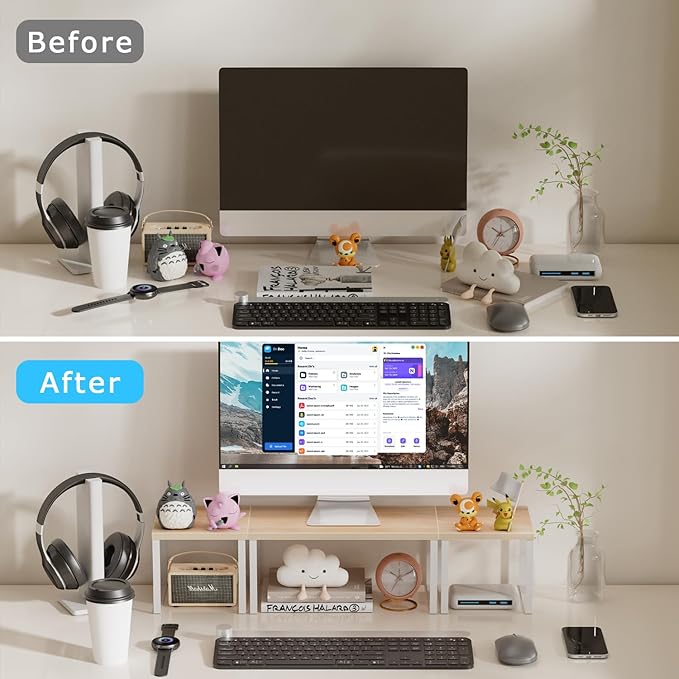 Aothia Wood Desktop Shelf for Top of Desk - 2-Tier Adjustable Bookshelf Organizer, Freestanding Stackable Shelves for Office, Home, Kitchen Counter (Oak)