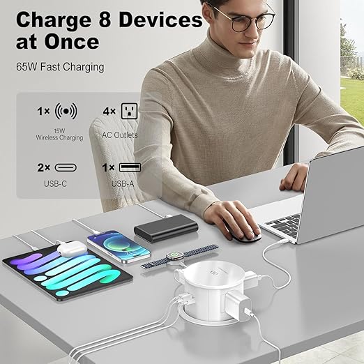 Pop Up Countertop Outlet with 15W Wireless Charger, PD 65W USB-C Ports & 4 AC Outlets, 800J Surge Protection, 4.75 inch Pop Up Electrical Outlet, 6Ft Cord for Home Office(ETL & FCC Listed)