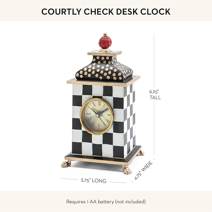 MACKENZIE-CHILDS Desk Clock, Decorative Wood Clock for Kitchen and Living Room, Black-and-White Courtly Check