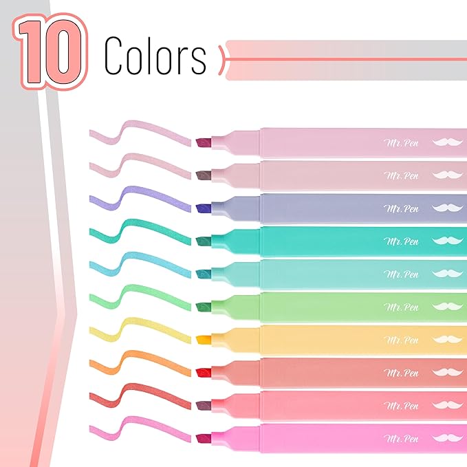 Mr. Pen- Aesthetic Highlighters, 10 pcs, Chisel Tip, Pastel Colors, Cute Highlighters Assorted Colors