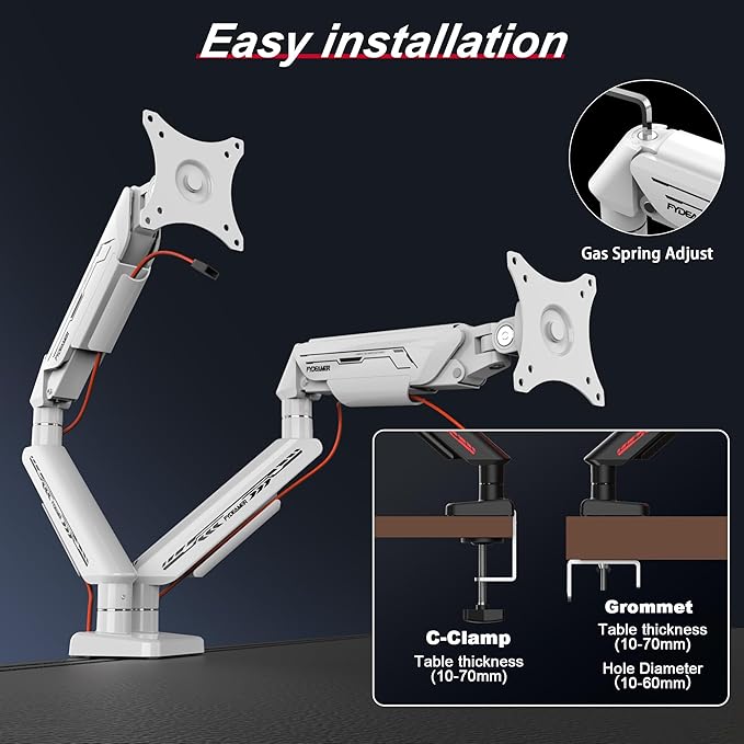 Dual Monitor Arm for 17-35" Screens up to 24.2 lbs, Ergonomic Gas Spring Monitor Stand with Height Adjust, Tilt, Swivel & Cable Management, VESA Desk Mount with 2 Types of Installation, White