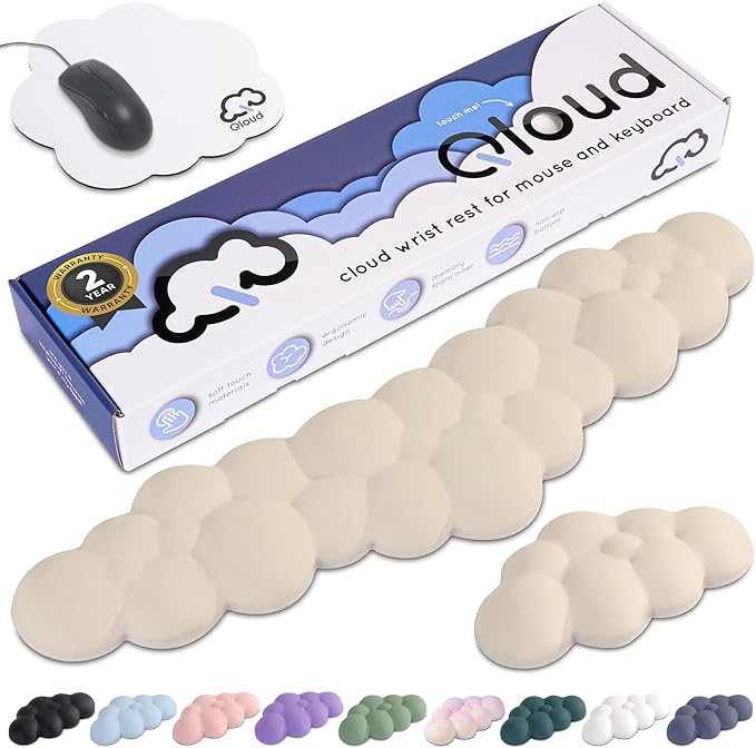 Qloud Cloud Wrist Rest Keyboard Wrist Rest for Computer Keyboard Pad, Cloud Keyboard Wrist Rest, Wrist Pad for Keyboard, Memory Foam, Non Slip Base, Comes with Mouse Pad - Beige