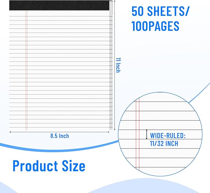 12pcs Legal Pads 8.5 x 11, 50 Sheets/Pack, Notepads 8.5 x 11 Inch, White Note Pads Clear Print Writing Pads of Paper, Memo Pads , Perforate Legal Notepads Paper , Wide Ruled Lined with Sturdy Back