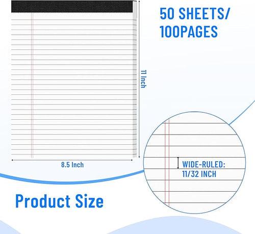12pcs Legal Pads 8.5 x 11, 50 Sheets/Pack, Notepads 8.5 x 11 Inch, White Note Pads Clear Print Writing Pads of Paper, Memo Pads , Perforate Legal Notepads Paper , Wide Ruled Lined with Sturdy Back