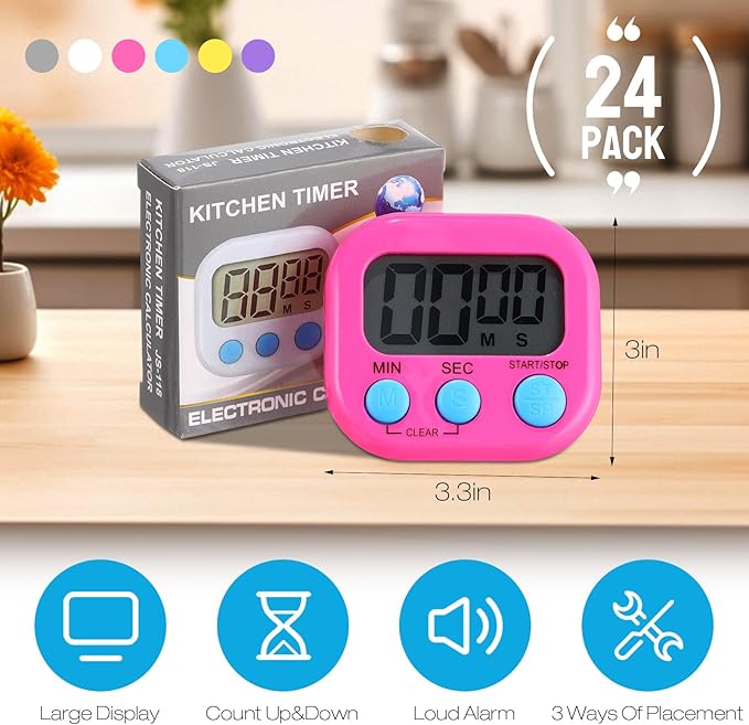 Weewooday 24 Pcs Digital Kitchen Timer Magnetic Timer Bulk On/Off Switch Minute Second Count up Countdown Loud Alarm for Exercise Cook Baking (Novel Color)