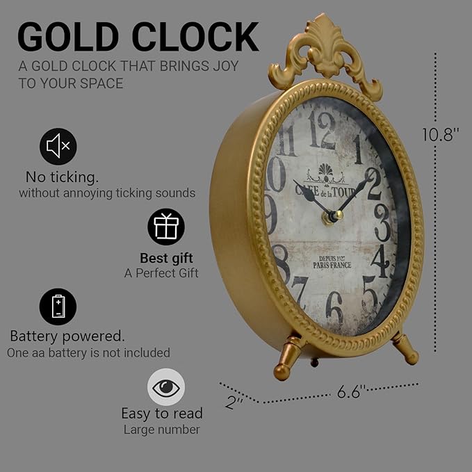 Vintage Gold Table Clock, Retro Oval Desk Clock with Romanesque Frame, Silent Non-Ticking Decorative Clock for Living Room Bedroom Office, Elegant Gift for Home Décor Lovers