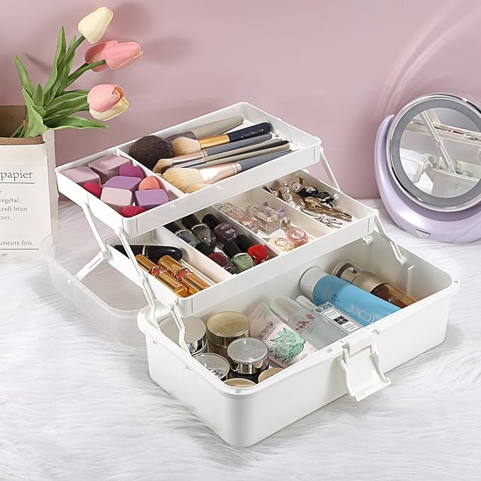 BTSKY 3-Layer Plastic Dividing Storage Box Craft Organizer with Adjustable Spacers Portable Handled Art Supply Multipurpose Home Utility Box for Medicine, Sewing