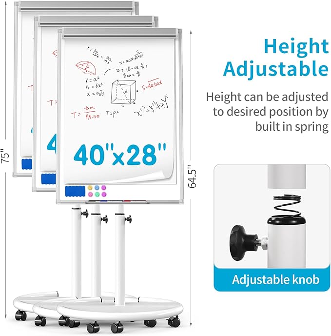 Mobile Dry Erase Board on Wheels 40 x 28 Inch-Magnetic Whiteboard Easel with Height Adjustable Stand - Rolling Presentation Board with Flipchart Paper Pad for Homeschool Teaching, Office, Workshops